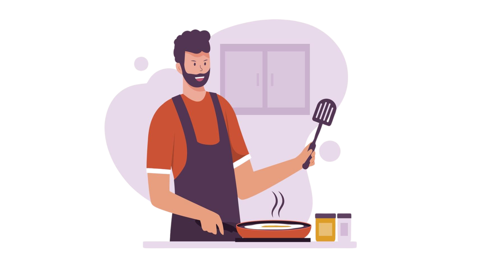 Illustration of a man cooking in the kitchen with apron and spatula